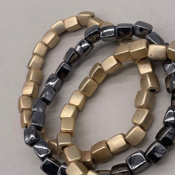Set Of 3 Stretchy Square Bead Bracelets - Gold & Black Finish For Unisex - Picture 4 of 4